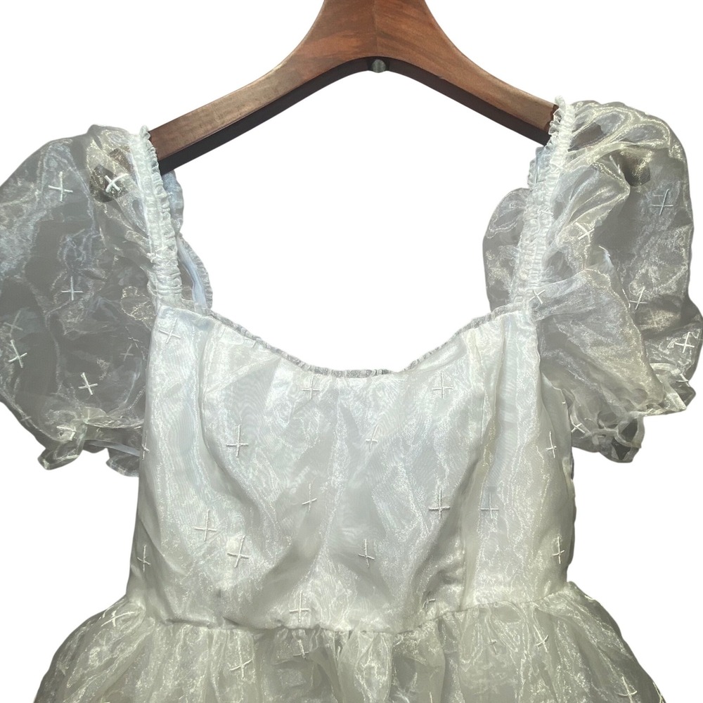 Widow White Organza Cross Embroidered Tiered Puff Sleeve Mini Dress XL Gothic